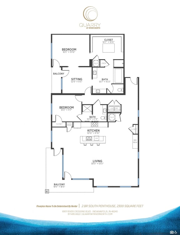 South penthouse Two Bed Two Bath floor plan at Quarry at River North Apartments, Indianapolis, IN 46240