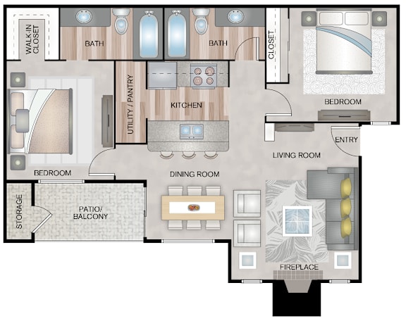 2 bed 2 bath Monet floor plan layout at Paces Crossing, Texas