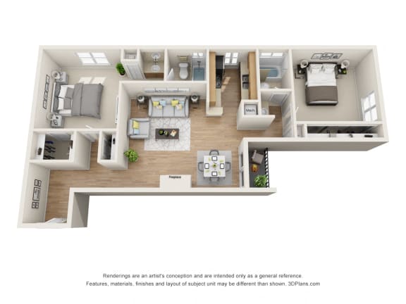 Floor Plan  2 Beds 2 Baths Ritz Floor Plan 1,067 Sq.Ft. at La Vista Terrace, Hollywood, California