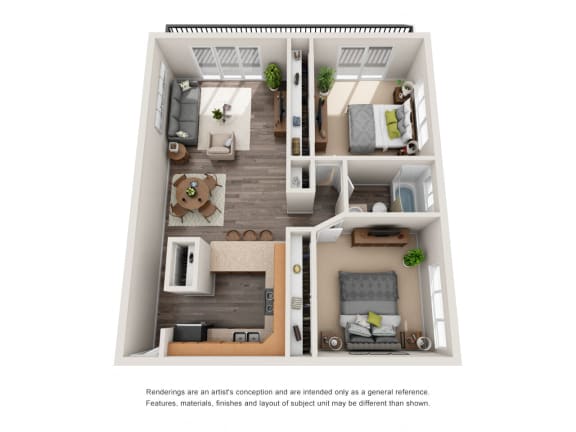 Our 2 bedroom, 1 bathroom floor plan at Scandia Apartments, Englewood, 80113