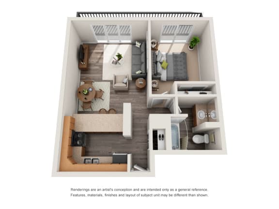 Floor Plan  Our 1 bedroom, 1 bathroom small apartment floor plan at Scandia Apartments in Englewood, Colorado