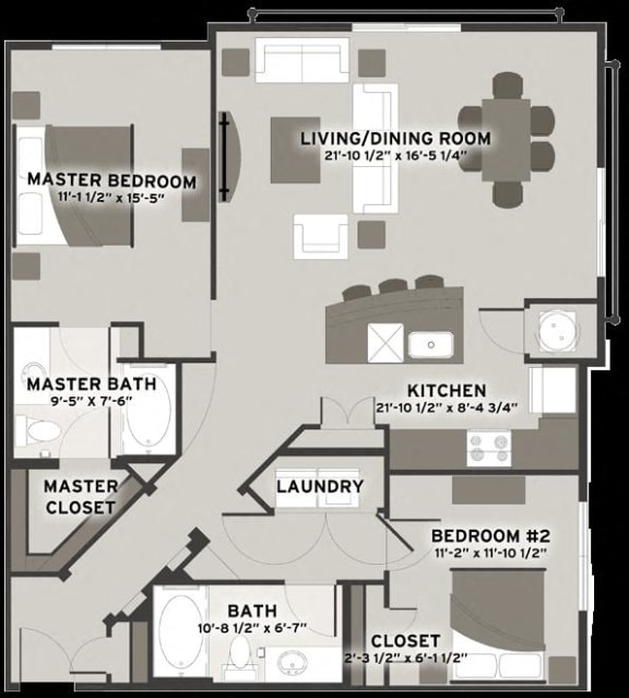 Canal 2 Bedroom 2 Bathroom Floor Plan at Residences at The Streets of St. Charles in Missouri