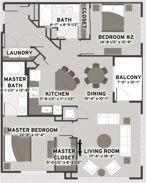 Two Bed Two Bath Floor Plan at Residences at The Streets of St. Charles, Missouri, 63303