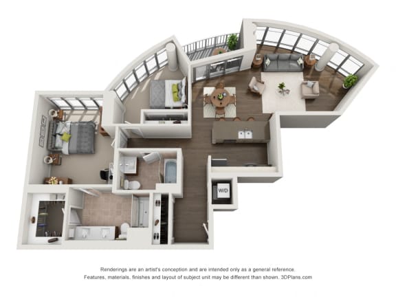 2 Bed 2 Bath Plan2F Floor Plan 1,210 sq. ft. at The Madison at Racine, Chicago, 60607