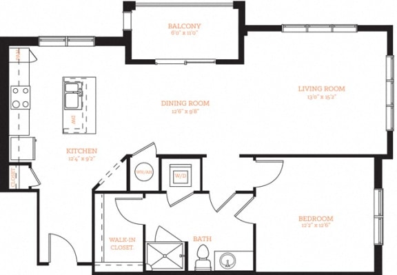 1 Bedroom 1 Bath A12 Floor Plan Layout at The Edison Lofts Apartments, Raleigh, NC