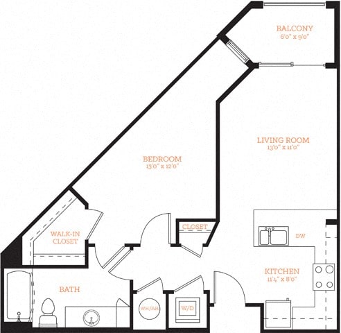 1 Bedroom 1 Bath A1 Floor Plan Layout at The Edison Lofts Apartments, Raleigh