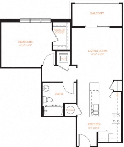 1 Bedroom 1 Bath A3 Floor Plan Layout at The Edison Lofts Apartments, Raleigh, NC