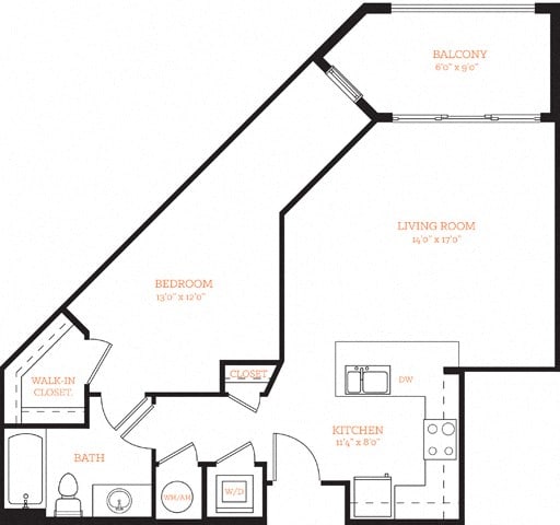 1 Bedroom 1 Bath A4 Floor Plan Layout at The Edison Lofts Apartments, Raleigh, North Carolina