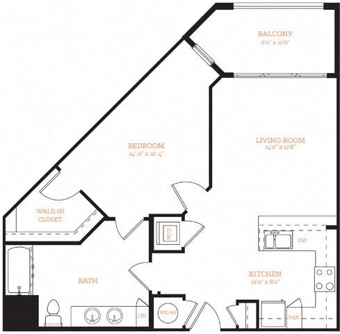 1 Bedroom 1 Bath A6 Floor Plan Layout at The Edison Lofts Apartments, Raleigh, 27601