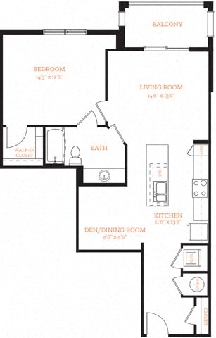 1 Bedroom 1 Bath A8 Floor Plan Layout at The Edison Lofts Apartments, North Carolina, 27601