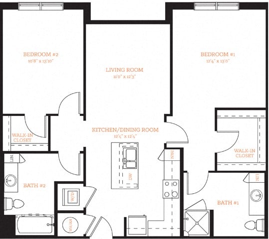 2 Bedroom 2 Bath B1 Floor Plan Layout at The Edison Lofts Apartments, Raleigh, NC, 27601