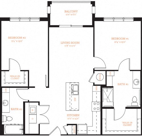 2 Bedroom 2 Bath B2a Floor Plan Layout at The Edison Lofts Apartments, Raleigh, NC, 27601