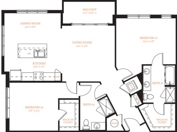 2 Bedroom 2 Bath B5 Floor Plan Layout at The Edison Lofts Apartments, Raleigh, NC, 27601