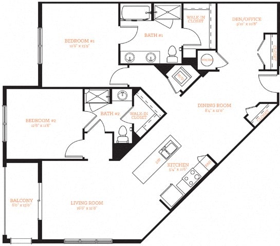 2 Bedroom 2 Bath B7 Floor Plan Layout at The Edison Lofts Apartments, Raleigh, 27601