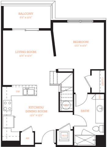Penthouse 1 One Bed One Bath  Floor Plan Layout at The Edison Lofts Apartments, North Carolina, 27601