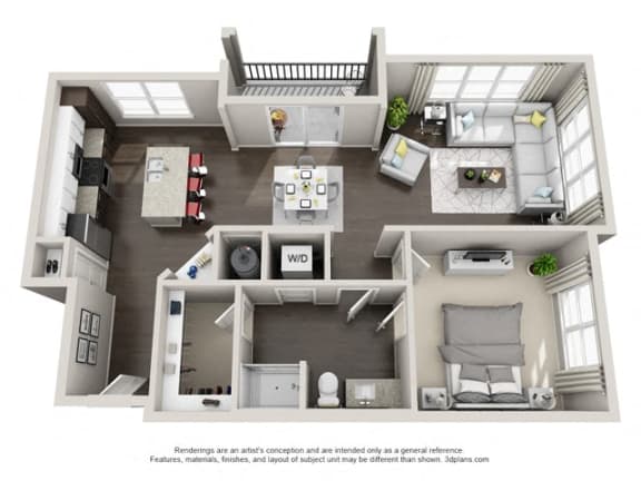 1 Bedroom 1 Bath A12 3D Floor Plan Layout at The Edison Lofts Apartments, North Carolina, 27601