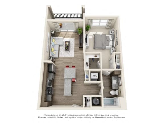 1 Bedroom 1 Bath A5 3D Floor Plan Layout at The Edison Lofts Apartments, Raleigh