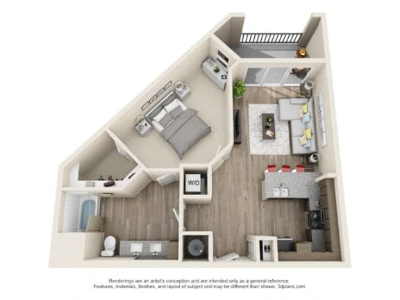 1 Bedroom 1 Bath A6 3D Floor Plan Layout at The Edison Lofts Apartments, North Carolina, 27601