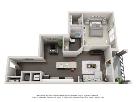 1 Bedroom 1 Bath A8 3D Floor Plan Layout at The Edison Lofts Apartments, North Carolina
