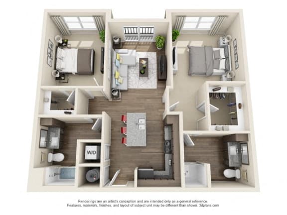 2 Bedroom 2 Bath B1 3D Floor Plan Layout at The Edison Lofts Apartments, North Carolina, 27601