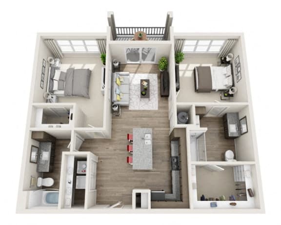 2 Bedroom 2 Bath B2a 3D Floor Plan Layout at The Edison Lofts Apartments, North Carolina, 27601