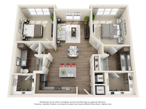 2 Bedroom 2 Bath B3 3D Floor Plan Layout at The Edison Lofts Apartments, Raleigh, North Carolina