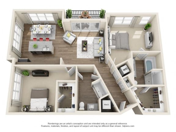 2 Bedroom 2 Bath B5 3D Floor Plan Layout at The Edison Lofts Apartments, North Carolina, 27601