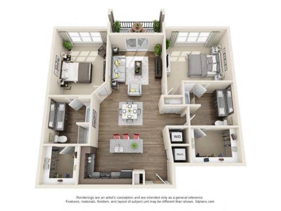 2 Bedroom 2 Bath B6 3D Floor Plan Layout at The Edison Lofts Apartments, Raleigh, NC