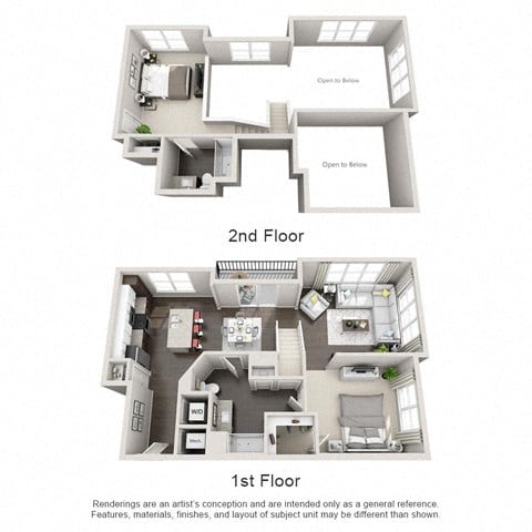 1st And 2nd Floor 3D View Floor Plan at The Edison Lofts Apartments, North Carolina, 27601