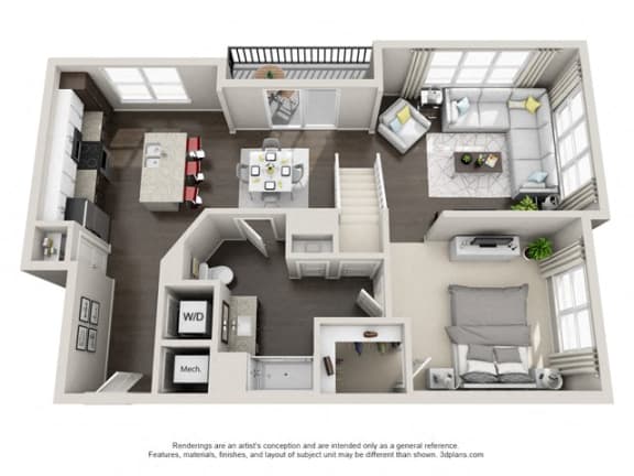 Penthouse 5 3D View Floor Plan Layout at The Edison Lofts Apartments, Raleigh, NC, 27601