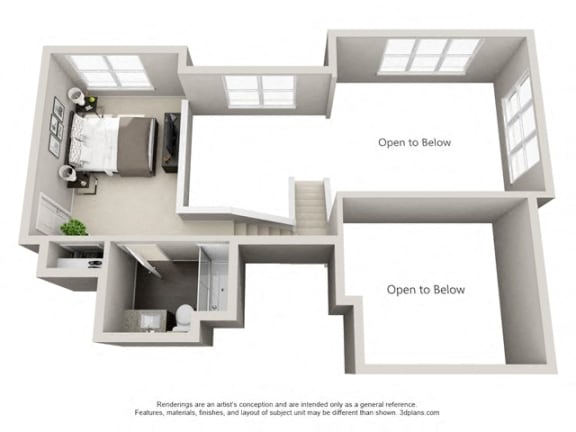 Penthouse 5 2 Bed 2 Bath 3D View Floor Plan Layout at The Edison Lofts Apartments, Raleigh, NC