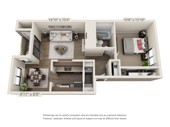 1 Bedroom 1 Bath Floor Plan at Hangar 128 Apartments, Everett, WA