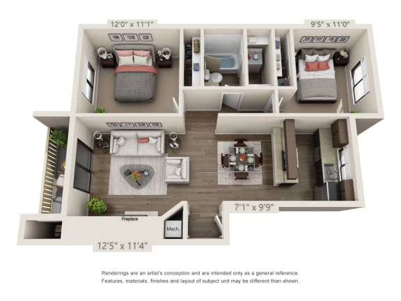 2 Bedroom 1 Bath Floor Plan at Hangar 128 Apartments, Everett, Washington