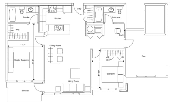 2 bedroom + 2 bathroom apartment floor plan at Summhill Village apartments at Nanaimo, BC