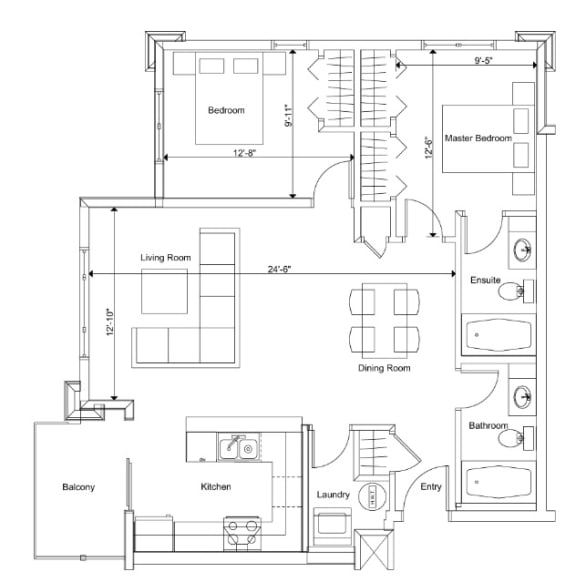 2 bedroom + 2 bathroom apartment floor plan at Summhill Village apartments in Nanaimo, BC