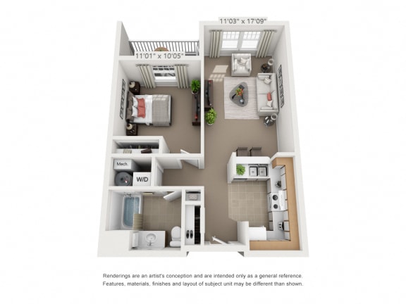 1 Bed 1 Bath Floor Plan at Idlewild Creek  Apartments, Cornwall, New York