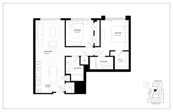 A floor plan of an apartment with two bedrooms, a living room, a kitchen, a bathroom, and a study.