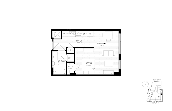 A floor plan of a house with a kitchen, living room, and dining area.