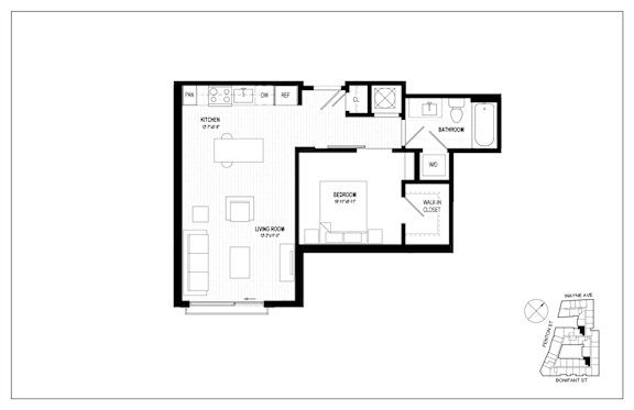 A black and white floor plan of a house with a kitchen, living room, and bathroom.