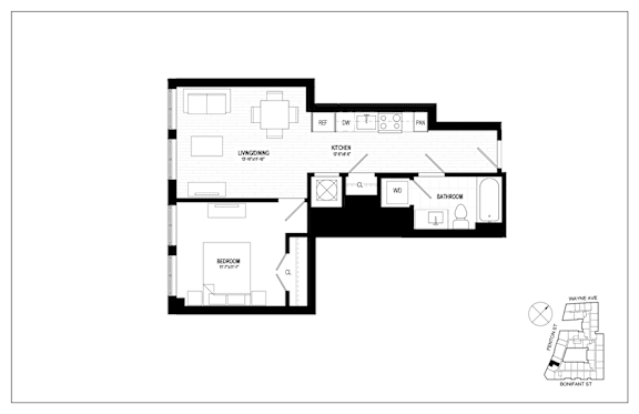 A floor plan of a house with a garage, living room, dining room, kitchen, and two bedrooms.