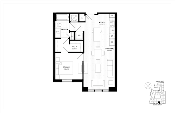 A floor plan of a house with a kitchen, living room, dining room, and bathroom.