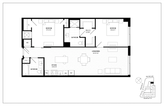 A floor plan of a house with two bedrooms, a living room, a kitchen, and a bathroom.