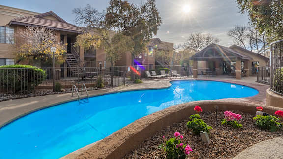 Arboretum sparkling pool view with lounge area