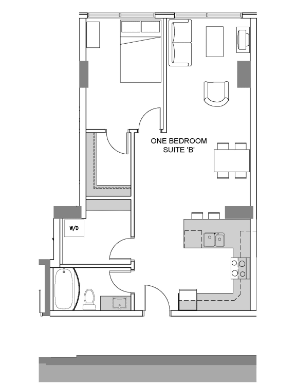 One bedroom, one bathroom apartment layout at 99 Jasper in Edmonton, AB
