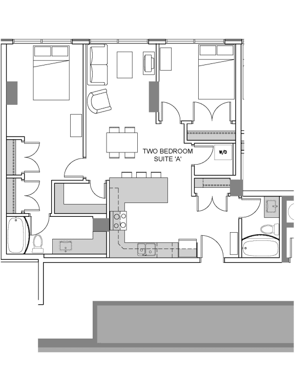 Two bedroom, one bathroom apartment layout at 99 Jasper in Edmonton, AB