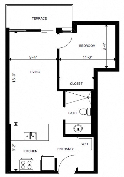 One bedroom, one bathroom apartment layout at Yello On Yates in Victoria, BC
