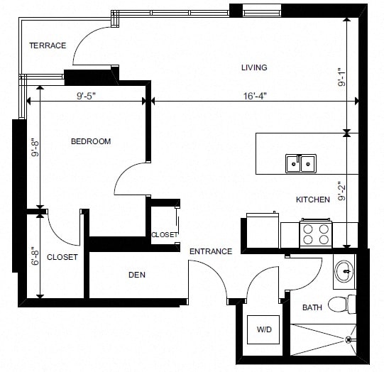 One bedroom plus den, one bathroom apartment layout at Yello On Yates in Victoria, BC