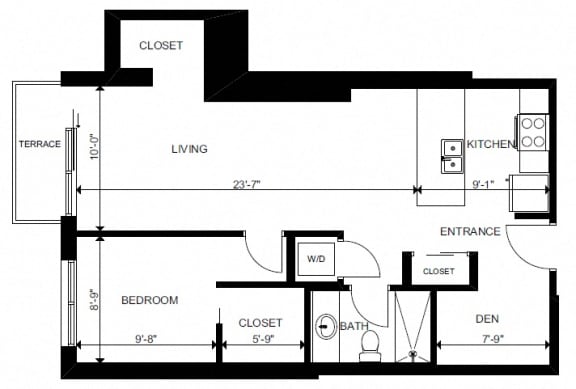 One bedroom plus den, one bathroom apartment layout at Yello On Yates in Victoria, BC