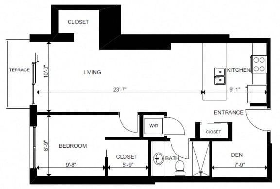 One bedroom plus den, one bathroom apartment layout at Yello On Yates in Victoria, BC