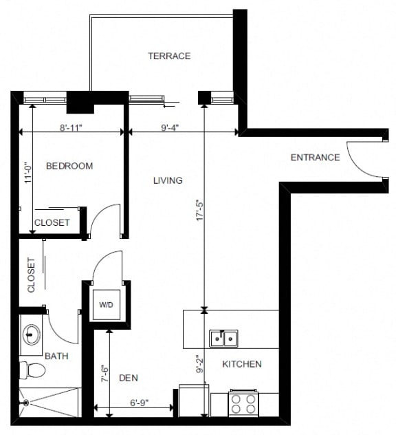 One bedroom plus den, one bathroom apartment layout at Yello On Yates in Victoria, BC